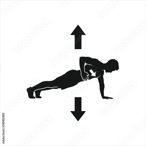 Man performing push-up exercise with up and down arrows indicating motion Vector Illustration Isolated on white background