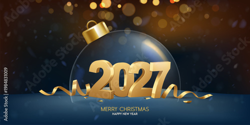 Happy new year 2027. Transparent Christmas ball with confetti in snow and bokeh defocused lights in background with golden numbers. Holiday greeting card design.