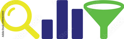 Visual icons representing data analysis, search, and funnel conversion processes