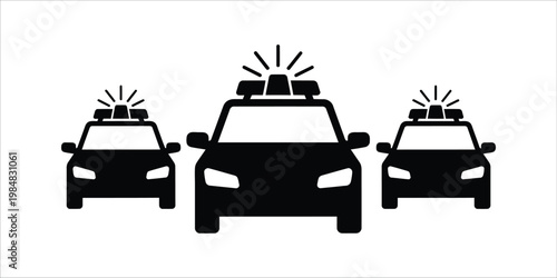 Police cars with flashing lights in formation during a pursuit Vector Illustration Isolated on white background