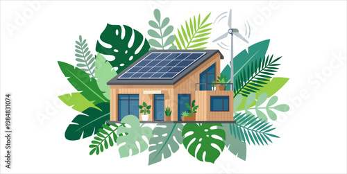 Flat vector illustration of a modern sustainable eco friendly house powered by solar panels and a wind turbine, surrounded by lush tropical monstera leaves.