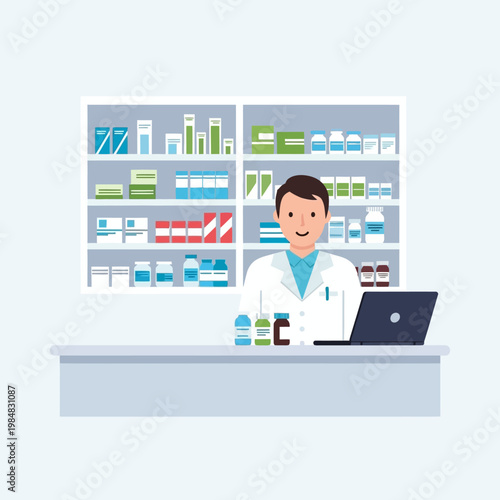 Pharmacist in white coat at counter with laptop and medicine shelves behind
