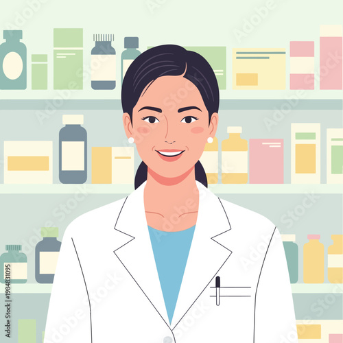 Smiling female pharmacist in white coat standing in front of shelves with medicines and bottles.