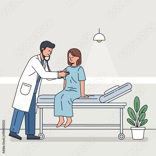 Doctor examining patient with stethoscope in clinic, medical checkup illustration