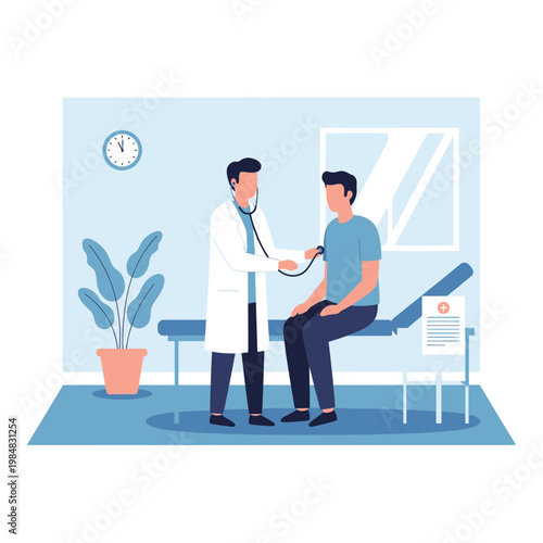 Doctor Examining Patient with Stethoscope in Clinic Room, Medical Checkup Illustration