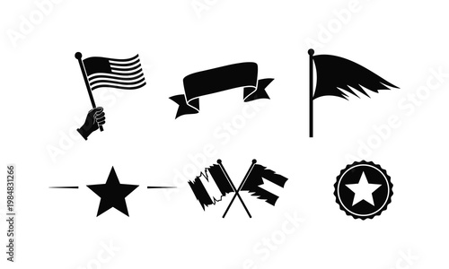 American flag and banner vector illustration silhouettes for fourth of july celebrations.