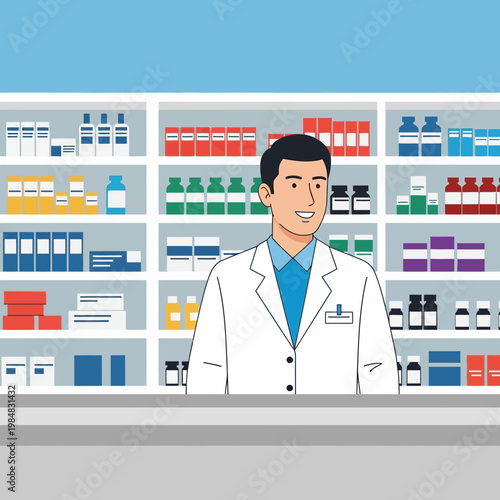 Friendly male pharmacist in white coat standing behind counter in pharmacy aisle