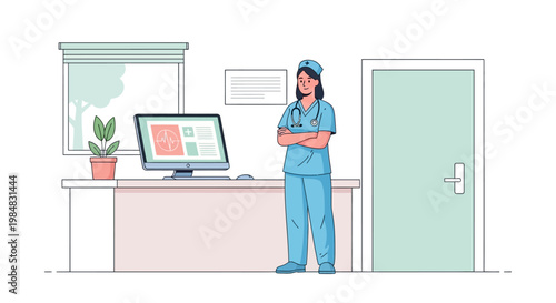 Nurse Standing Confidently at Reception Desk in Modern Clinic Interior
