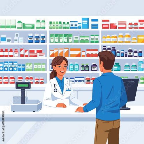Pharmacist and Customer at Pharmacy Counter with Shelves of Medication
