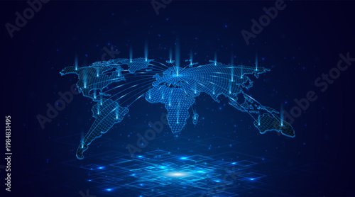 The concept of future global network connectivity technology. World map. Global data transmission or business operations.