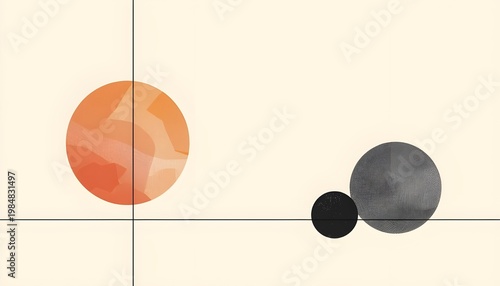 A minimalist graphic design featuring geometric shapes and lines on a beige background