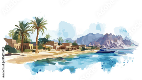 Sharm El Sheikh and Ras Mohammed National Park. Sharm El Sheikh and Ras Mohammed National Park hand drawn watercolor illustration on white background