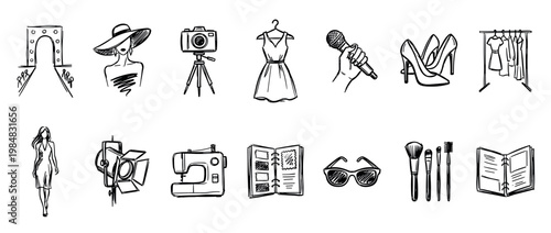 Diverse set of hand-drawn fashion and media icons depicts elements like cameras, clothing, makeup, and models, rendered in a clean, illustrative black and white sketch style