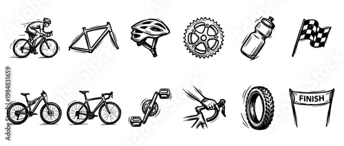 Black and white cycling sport illustration set with a racer, mountain bike, road bike, helmet, tire, and other equipment in a hand-drawn ink sketch style