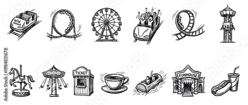 Diverse collection of hand-drawn amusement park icons and carnival attractions, featuring various rides, a ticket booth, and classic fair food, rendered in a playful sketch style