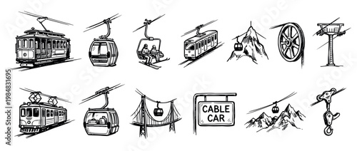 Various hand-drawn cable transport systems and trams are depicted in a detailed sketch collection, showcasing different modes of aerial and ground transportation with a vintage, illustrative style