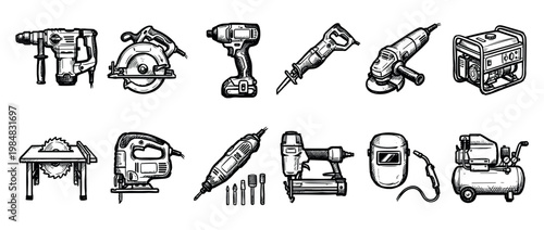 Various hand-drawn power tools and construction equipment are neatly arranged, showcasing a detailed sketch art style with strong black lines and a classic, industrial feel