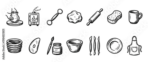 Various hand-drawn pottery tools and ceramic items are depicted in a detailed black and white illustration, showcasing the craft of clay shaping and firing