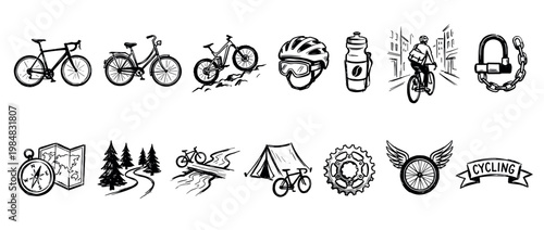 Various hand-drawn cycling and outdoor activity icons are displayed in a black and white sketch style, featuring bikes, gear, nature elements, and adventure symbols