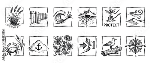 Collection of twelve hand-drawn coastal protection illustrations, depicting various natural elements, marine life, and navigational symbols in a detailed black and white sketch style