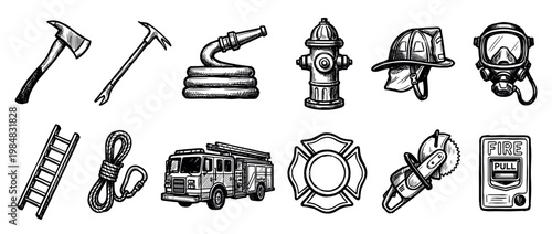 Detailed collection of hand-drawn firefighting equipment illustrations, including an axe, hose, hydrant, helmet, mask, ladder, truck, and alarm, rendered in a classic sketch art style