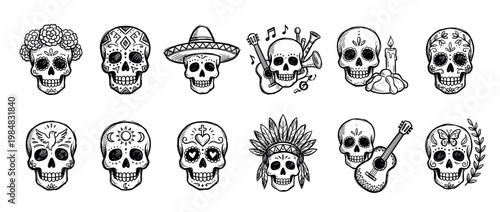 Twelve hand-drawn black and white sugar skulls are intricately decorated with flowers, sombreros, musical instruments, and cultural symbols, presented in a festive and artistic sketch style