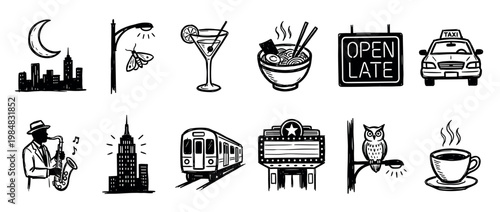 Collection of hand-drawn black icons representing city nightlife with a skyline, taxi, ramen, cocktail, and jazz musician in a sketchy, monochrome doodle style illustration set