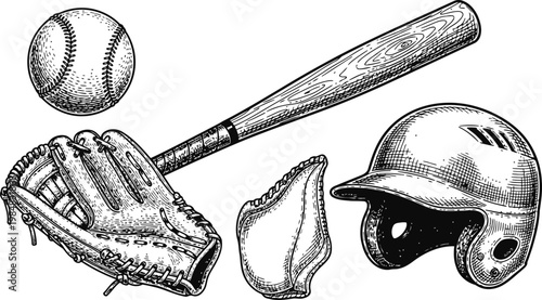 Photography Baseball equipment including bat glove ball helmet and catcher's mask in vintage