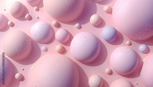 A pastel pink background with various sized spheres in different shades of pink and purple, creating a visually appealing and modern abstract design.