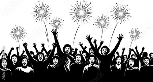 Excited crowd rising hand and firework silhouette.