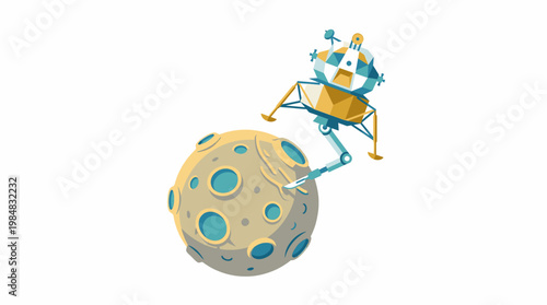 Geometric Lunar Lander Crafts on Moon Surface Illustration