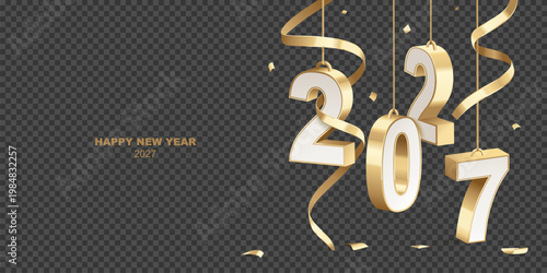 Happy New Year 2027. Decoration of golden white 3D hanging numbers with ribbons and confetti, isolated on transparent background.