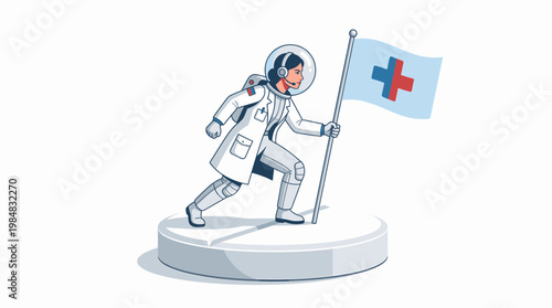 Astronaut Doctor Plants Medical Flag on New Planet Symbolizing Healthcare Innovation