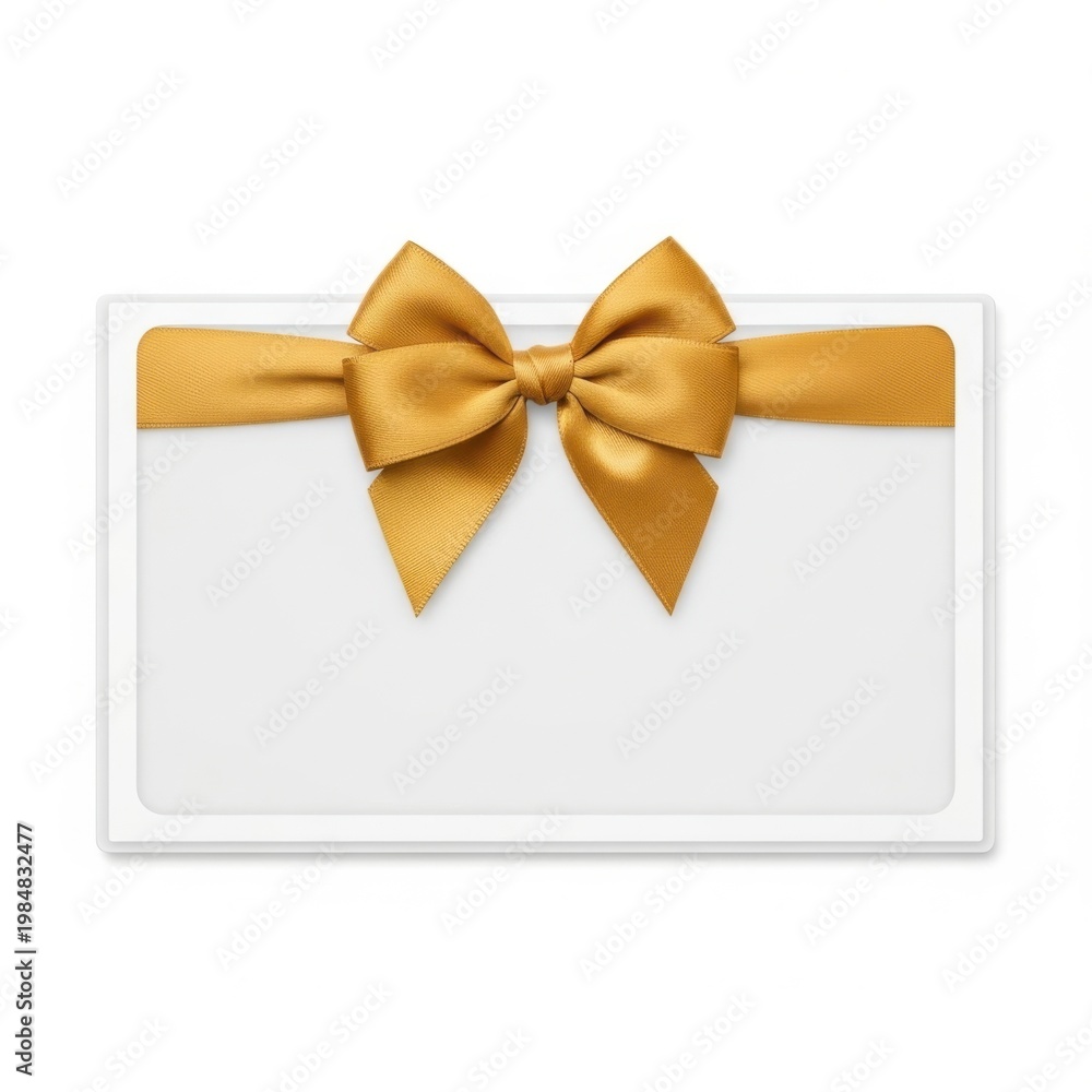 Fototapeta premium Elegant gold ribbon bow tied on a pristine white gift tag or card