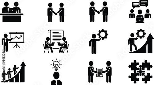 Business icons set: meeting handshake presentation strategy teamwork growth with business, handshake
