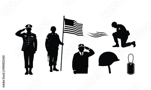 American military soldier silhouette collection with veterans memorial and national symbol.