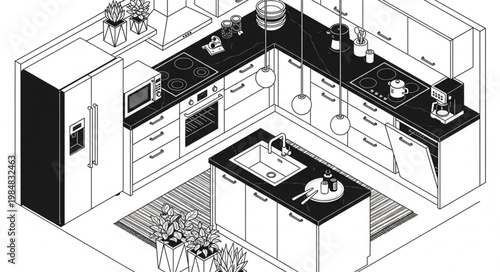 Modern U shaped kitchen with central island layout.