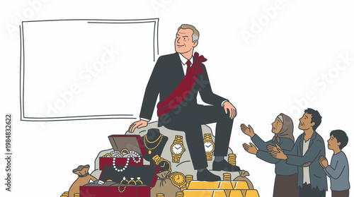 Rich Businessman Sitting on Pile of Gold and Jewels with Poor People Begging