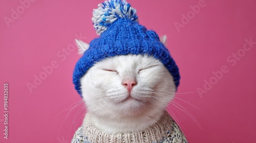 White cat in blue knitted hat and sweater against pink background