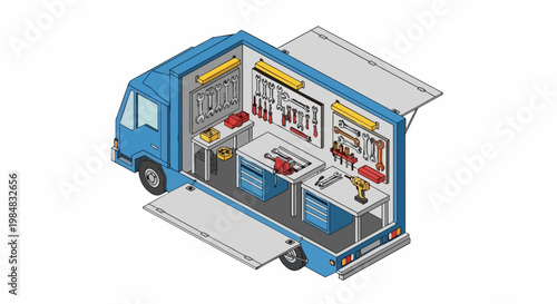 Isometric Illustration of a Mobile Repair Shop Truck Equipped with Tools and Workbench on White Background