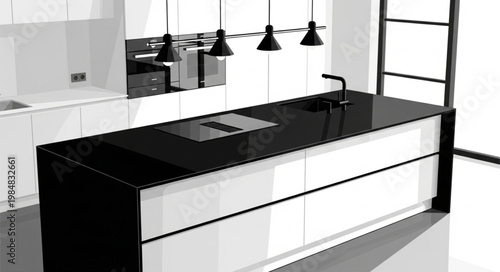Modern monochrome kitchen island with integrated sink and cooktop.