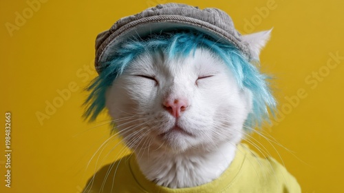 White cat with blue wig and cap against yellow background