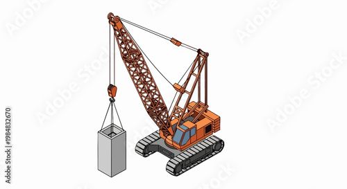 Isometric illustration of an orange crawler crane lifting a heavy concrete block on a construction site. High-quality industrial vector graphics for building and engineering.