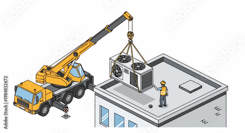 Isometric Illustration of Mobile Crane Lifting Industrial HVAC Air Conditioning Unit onto Building Rooftop with Construction Worker Guiding Installation