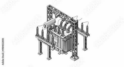 High-Voltage Electrical Transformer and Substation Infrastructure Isometric Line Art Illustration on White Background