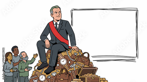 Wealthy Leader Sits on Pile of Gold While Poor People Beg for Food