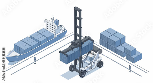 Isometric Port Logistics Illustration with Cargo Ship and Container Reach Stacker