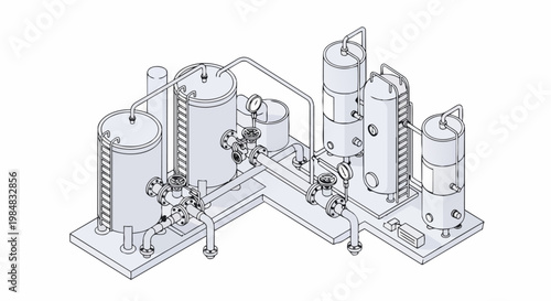 Isometric Industrial Processing Plant Line Art Illustration with Tanks and Pipes