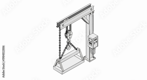 Isometric Industrial Gantry Crane and Chain Hoist Line Art Illustration, Technical Drawing of Lifting Machine for Factory and Warehouse Engineering