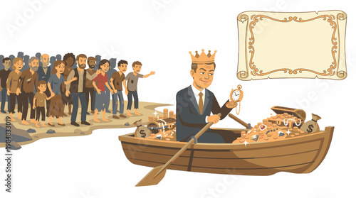 Wealthy Businessman with Crown Rows Boat Full of Treasure Leaving Poor People Behind
